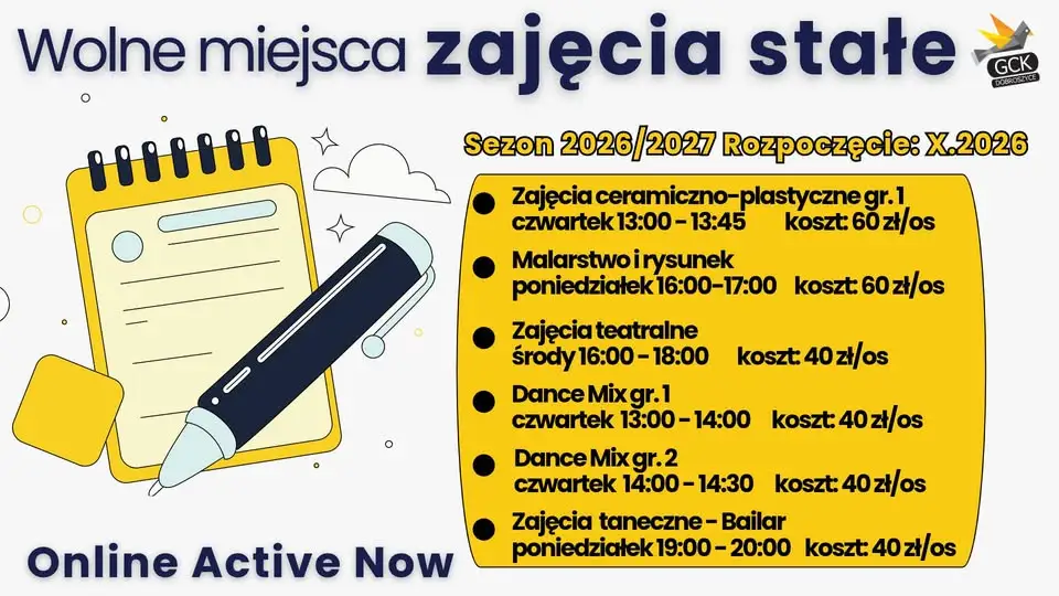 Wolne miejsca na zajęcia stałe w Gminnym Centrum Kultury w Dobroszycach